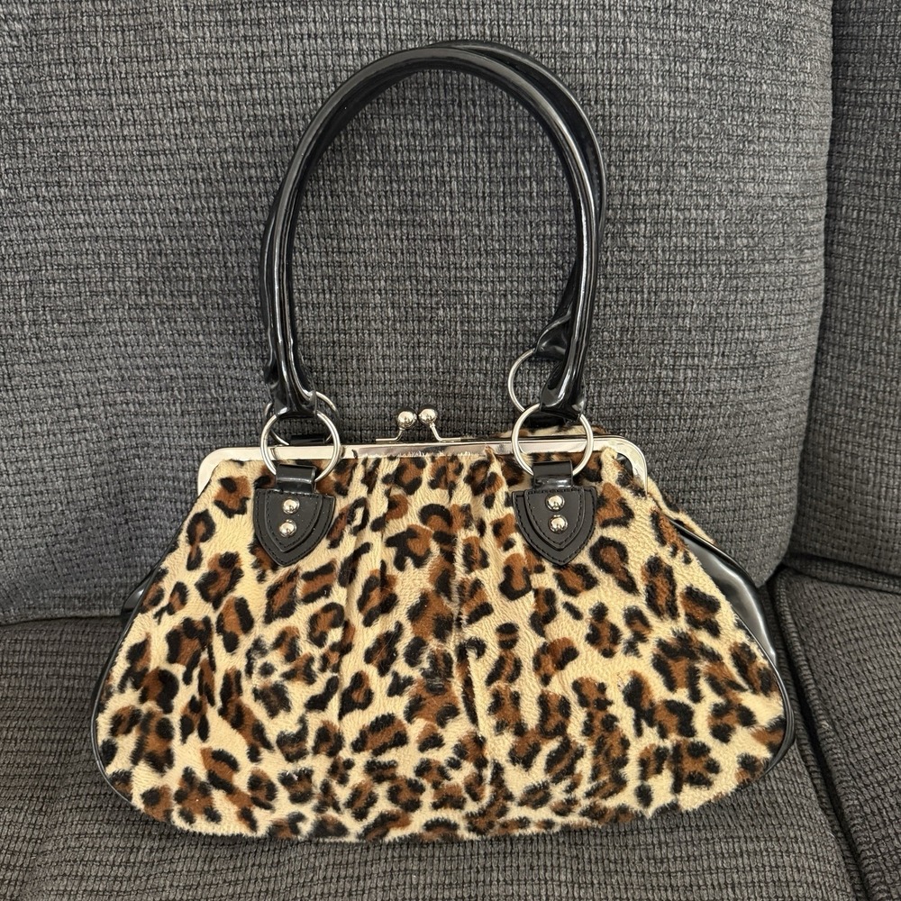 Lux de Ville Kiss Lock Leopard Print Black Patent Leather Frame Bag Pin Up - Picture 9 of 9